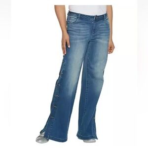 PEACE LOVE WORLD WIDE LEG BLUE JEANS BUTTON LEG SIZE 18WP EUC